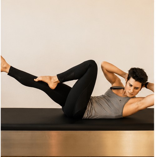 Exercício de Pilates em solo com foco no controlo do centro do corpo