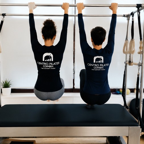 Duas alunas em treino suspenso na torre de Pilates do estúdio